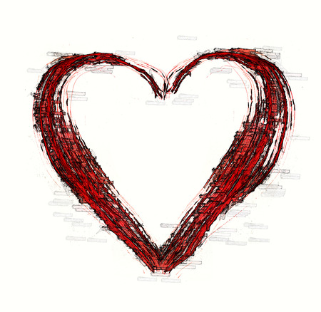 Rough painted brush-stroke heart-shape, with thin black outline.の写真素材