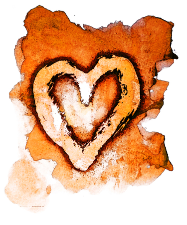 Rough painted heart-shape with dark outline on watercolor background. Orange tints.の写真素材