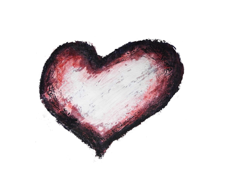Rough painted heart-shape with dark outline on white background.の写真素材