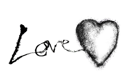 Beautiful grunge love concept, with the word love rough-painted and a sketched heart-shape, black, on white background.の写真素材