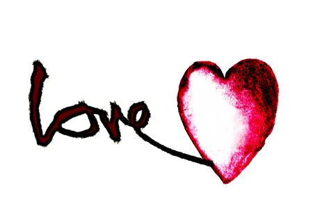 Grunge love concept, with the word love rough-painted and a sketched heart-shape, red and blacks on white background.の写真素材