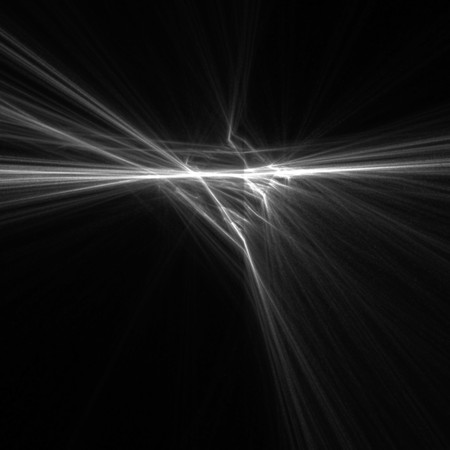 Beautiful and unusual flame fractal with straight lines. White on black.の写真素材