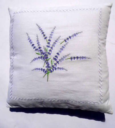 White cushion with embroidered blue flowers.の写真素材