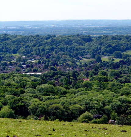 British summer landscape, from a hill, with fields, farms and forests, Surrey, UK.の写真素材