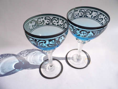 Hand made blue decorated venetian wine glasses.の写真素材