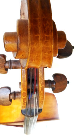 Cello showing scroll, finger-board, peg-box, strings and. Hand-made, orange musical instrument.の写真素材