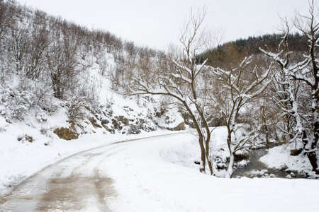 Winter mountain scene with a road and a streamの写真素材