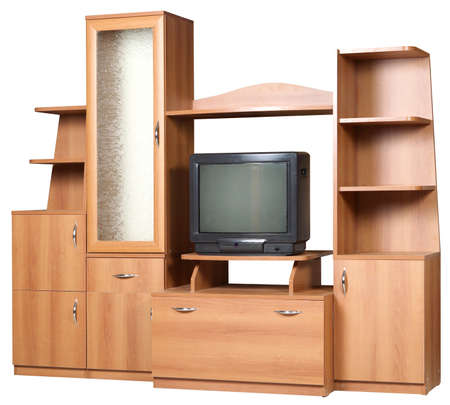 Wooden TV stand with shelfs, isolated on whiteの写真素材