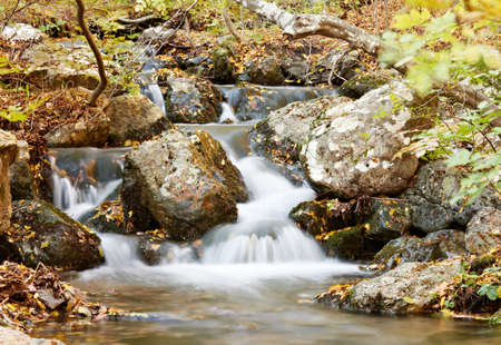 Mounatin stream and stines in autumn forestの写真素材