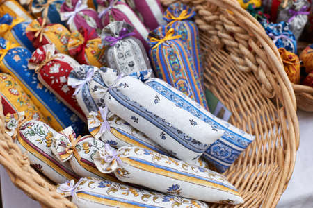 Bags with dried lavender blossoms on the market in Aix en Provence, South Franceの写真素材