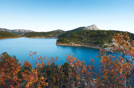Dam lake Barrage de Bimont near Aix en Provence and Saint Victoire mountainの写真素材