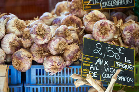 Violet garlic for sale at  farmers market in Aix en Provence, Franceの写真素材
