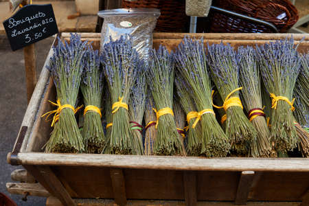 Bouquets of dry lavender for sale in Aix en Provence town, Franceの写真素材