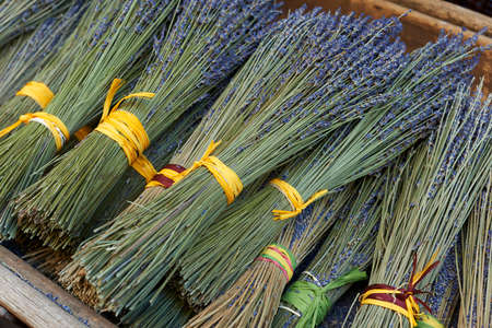 Bouquets of dry lavender for sale in Aix en Provence town, Franceの写真素材