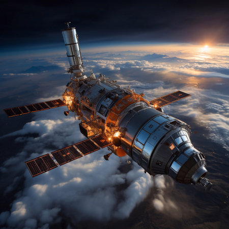 International Space Station in the clouds. 3D render of a space station.の素材