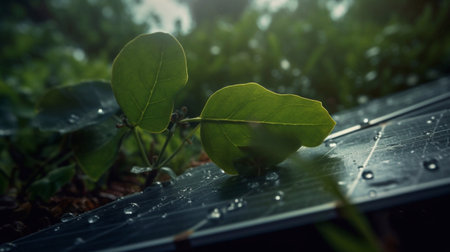 Green leaves on a solar panel. The concept of renewable energy.の素材