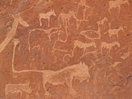 Rock engravings of African wildlife subjects, Twyfelfontein archaeological site, Namibiaの写真素材