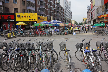 HoHot, Inner Mongolia, northern China, July 3, 2008 - Bicycles parked in the central business area - bicycles remain the most affordable transport for many residentsのeditorial素材