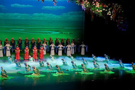 HoHot, Inner Mongolia, northern China, June 30, 2008 - Mongolian traditional dancing at the Ulan Quiate celebrating the importance of the Mongolian grasslands and livestockのeditorial素材