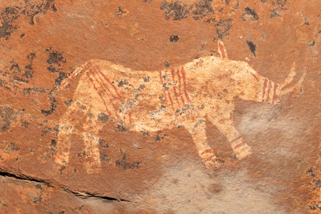 Bushmen - san - rock painting depicting a rhinoceros, Drakensberg mountains, South Africaの写真素材