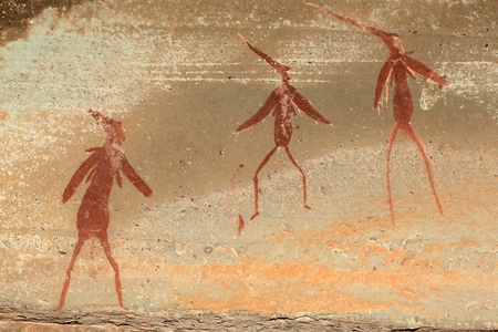 Bushmen - san - rock painting depicting human figures, Drakensberg mountains, South Africaの写真素材