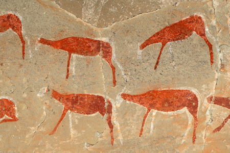 Bushmen - san - rock painting of antelopes, Drakensberg mountains, South Africaの写真素材