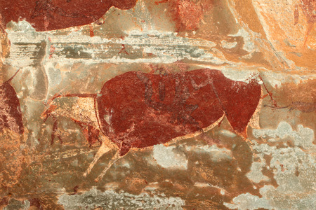 Bushmen san rock painting of an eland antelope, Drakensberg mountains, South Africaの写真素材