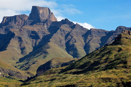 Sentinel peak in the amphitheater of the Drakensberg mountains, Royal Natal National Park, South Africaの写真素材
