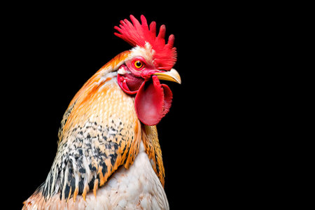 Portrait of a rooster isolated against a black background. Generative AIの素材