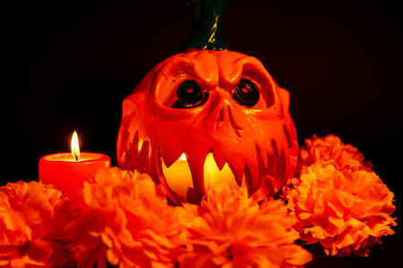 A horizontal photo of a hollowed-out Halloween pumpkin staring forward, lit from within by candles, with a red candle and orange marigolds beside it on a black backgroundの写真素材