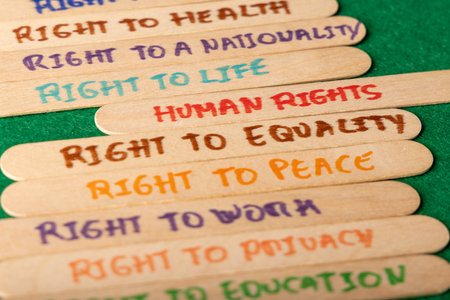 A set of wooden popsicle sticks, inscribed with words representing human rights, resting on the left...