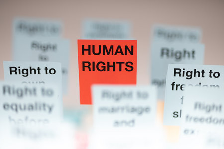 Human rights posters in blue and red displayed horizontally with a white backdrop. Effective for illustrating human rights themesの写真素材