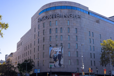 Barcelona, Spain - September 15, 2024: El Corte InglÃ©s in PlaÃ§a Catalunya with large back-to-school advertisements, capturing the busy atmosphere of the city's central squareのeditorial素材