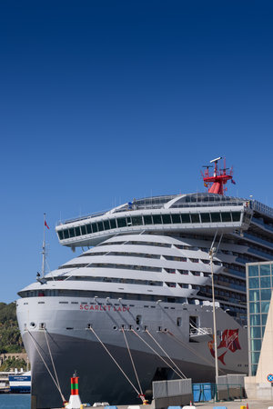 Barcelona, Spain - September 15, 2024: Virgin Cruises' Lady Violet anchored in the picturesque Barcelona harbor, seen from the seaのeditorial素材