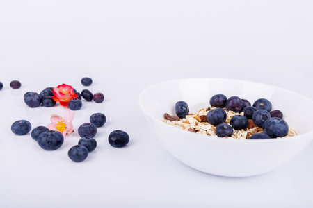 A bowl of oats topped with fresh blueberries sits on a white surface with berries scattered around, showcasing a nutritious and clean breakfast sceneの写真素材