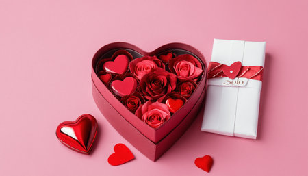 Valentine's day background with red roses and gift box.の写真素材