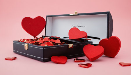 Valentine's Day background with red hearts and black box.