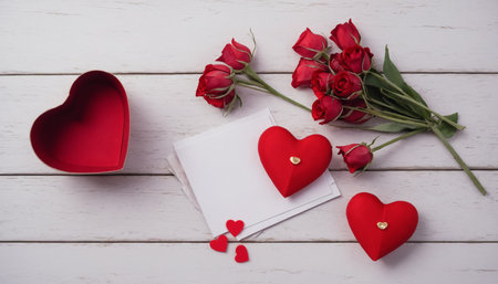 Valentine's Day greeting card with red roses and heart shape gift box on white wooden background