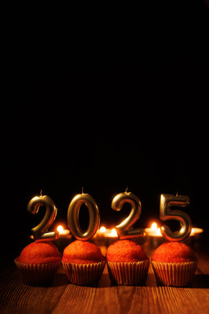 The cupcakes with golden number candles marking 2025 create a dazzling focal point, surrounded by lit candles, perfect for New Year's celebrationの写真素材