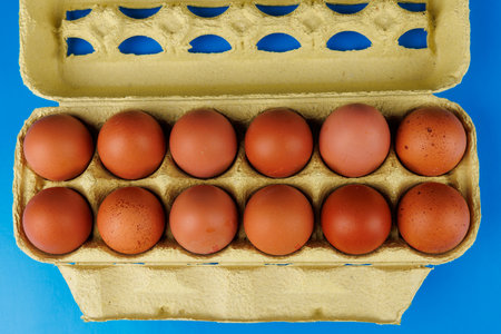 Economic Impact on Food Costs: Overhead View of Brown Eggs in Blue Packaging Reflecting US Egg Price...