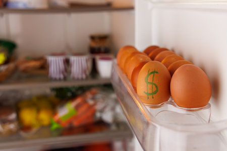 A refrigerator door with brown eggs in egg trays, one egg displaying a dollar sign, representing the increasing expense of eggs in the USの写真素材