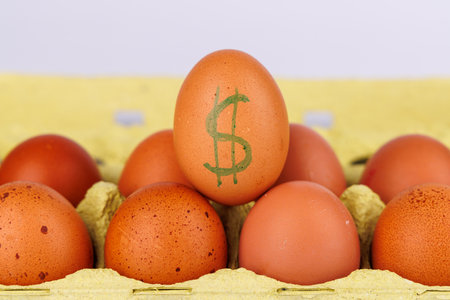 Egg Carton Featuring Dollar Symbol on Brown Egg as a Metaphor for Soaring Egg Prices in the United Statesの写真素材
