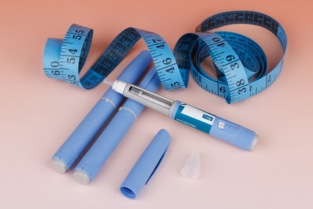 Composition representing health control with GLP-1 injections and metric tracking.