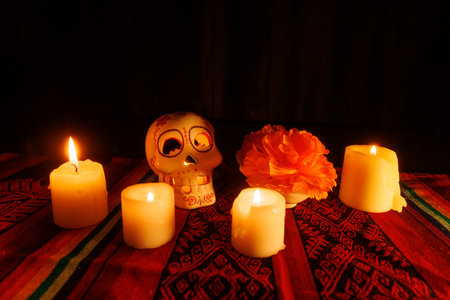 A glowing white skull with flowers and candles on a colorful altar. A symbolic tribute to ancestors...