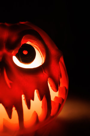 Carved Halloween pumpkin with glowing face and smoke on dark background.の写真素材
