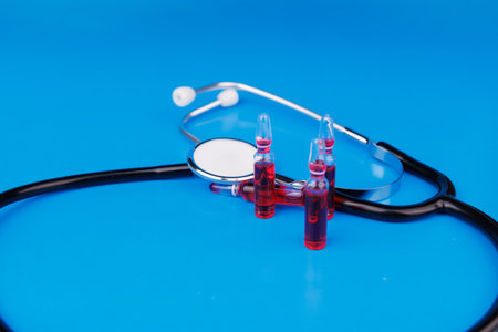 Vitamin B12 ampoules with stethoscope on blue surface symbolizing health and recovery