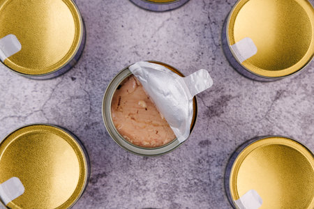 Canned tuna in light oil shown on wooden board over rough gray concrete table background.