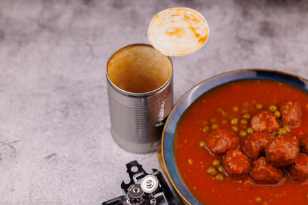 Preserved meal featuring meatballs and peas, served in open tin can, rustic homemade look.の写真素材