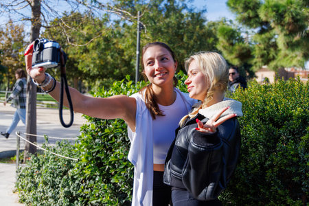 Two friends laugh and take retro selfies with an antique camera as they walk under the sunlight in the park.の写真素材