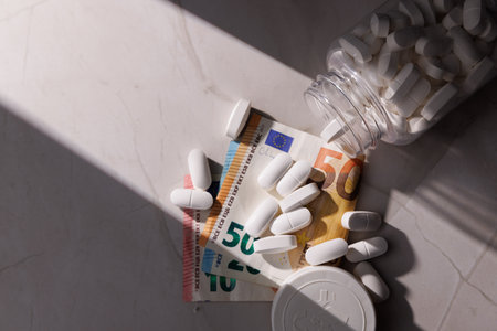 Top down view of white tablets in a transparent container on euro banknotes on white granite...
